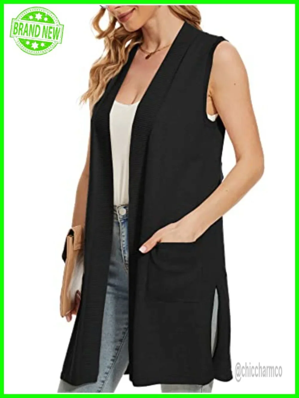 Sleeveless Cardigan Vest Open Front Long Sweater with Pockets Lightweight Office